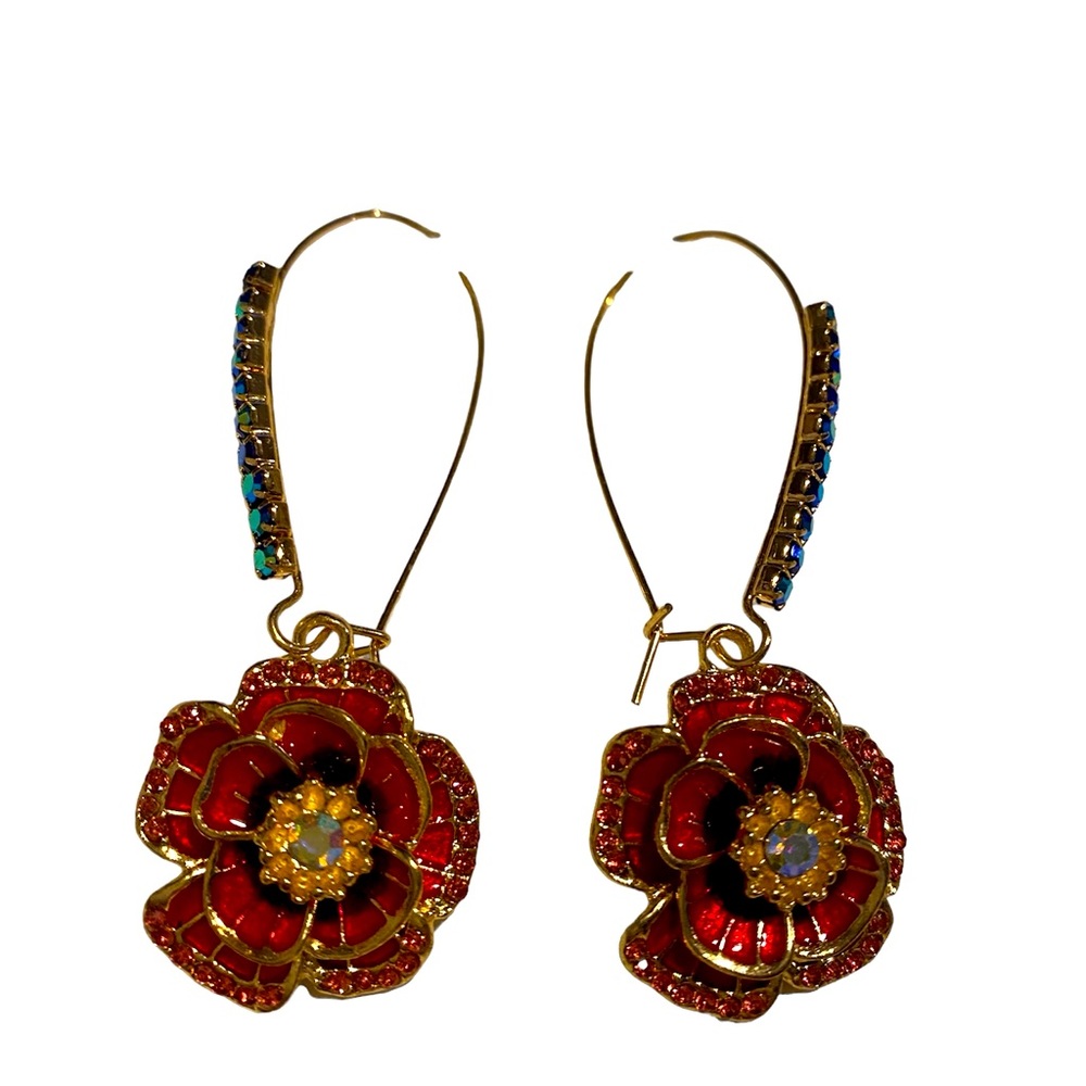 Betsey Johnson “flower hook earrings” multi. Red Poppies